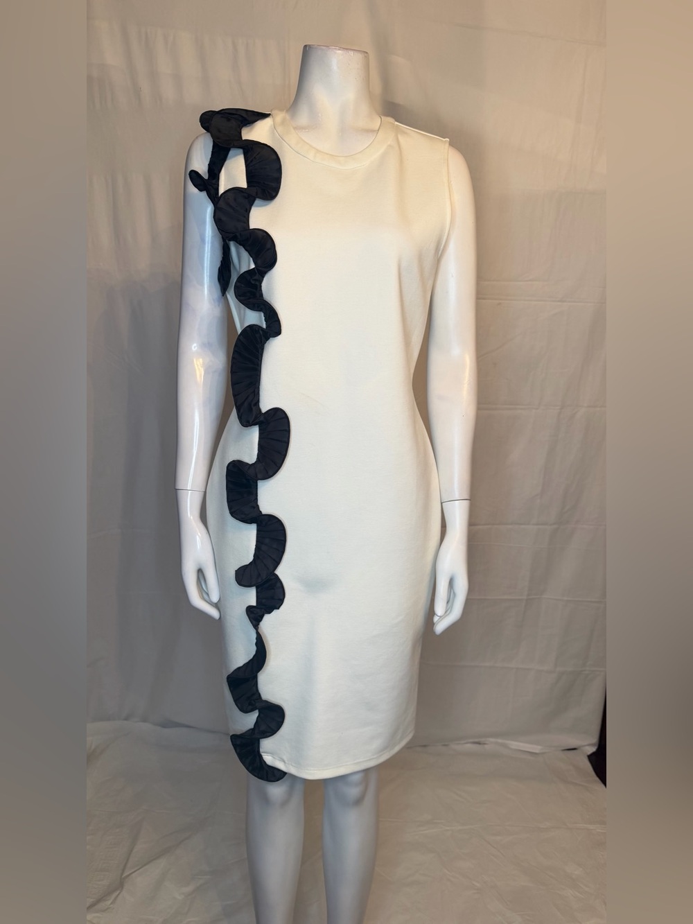 Opening Ceremony Cream Midi Dress with Black Ruffle Trim